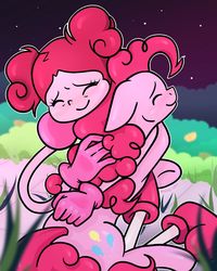 Size: 1024x1280 | Tagged: safe, artist:flutterbases, pinkie pie, earth pony, gem (race), pony, g4, spoiler:steven universe, spoiler:steven universe: the movie, crossover, default spinel, duo, duo female, female, hug, mare, similarities, spinel (steven universe), spoilers for another series, steven universe, steven universe: the movie