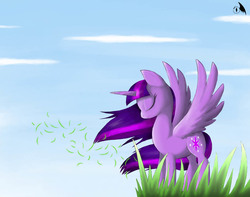 Size: 1006x794 | Tagged: safe, artist:wings-dragon, twilight sparkle, alicorn, pony, g4, cloud, eyes closed, female, grass, mare, profile, sky, solo, spread wings, twilight sparkle (alicorn), windswept mane, wings