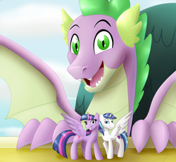 Size: 3810x3501 | Tagged: safe, artist:09hankris, artist:tsitra360, shining armor, spike, twilight sparkle, alicorn, dragon, pony, g4, alicornified, female, high res, male, mare, older, older spike, prince shining armor, race swap, shiningcorn, smiling, sparkle siblings, stallion, twilight sparkle (alicorn), winged spike, wings