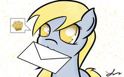 Size: 1920x1200 | Tagged: safe, artist:laptop-pone, derpy hooves, pegasus, pony, g4, cute, derpabetes, female, food, letter, mare, mouth hold, muffin, no pupils, pictogram, solo, speech bubble