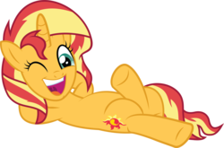 Size: 5340x3517 | Tagged: safe, artist:wissle, sunset shimmer, pony, unicorn, a horse shoe-in, g4, absurd resolution, arm behind head, crossed legs, cute, female, happy, laid back, looking at you, mare, misleading thumbnail, on back, one eye closed, open mouth, palette swap, reclining, recolor, shimmerbetes, simple background, solo, sunset shimmer day, transparent background, vector, wink