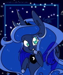Size: 1466x1732 | Tagged: safe, artist:p-l-u-m-b-u-m, princess luna, alicorn, pony, g4, blushing, colored pupils, cute, ear fluff, eye clipping through hair, female, looking at you, lunabetes, mare, solo, spread wings, stars, transparent mane, wings