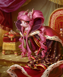 Size: 1791x2205 | Tagged: safe, artist:holivi, oc, oc only, pony, clothes, commission, digital art, dress, female, mare, queen, solo, throne