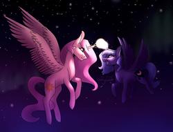 Size: 1280x978 | Tagged: safe, artist:amyszek, princess celestia, princess luna, alicorn, pony, g4, aurora borealis, duo, eye contact, female, flying, glowing horn, horn, horns are touching, looking at each other, magic, mare, night, pink-mane celestia, remake, s1 luna, siblings, signature, sisters, smiling, younger