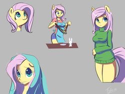 Size: 900x675 | Tagged: safe, artist:badtyke, angel bunny, fluttershy, pony, anthro, g4, anthro ponidox, anthro with ponies, apron, blanket, blushing, bottomless, clothes, cooking, cute, female, floppy ears, gray background, mare, multeity, partial nudity, shyabetes, simple background, sweater, sweatershy, turtleneck