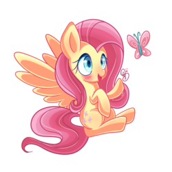 Size: 2000x2000 | Tagged: safe, artist:soloya64, fluttershy, butterfly, pegasus, pony, g4, blushing, cute, female, high res, mare, shyabetes, simple background, sitting, solo, spread wings, transparent background, wings