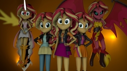 Size: 7680x4320 | Tagged: safe, artist:fazbearsparkle, sunset shimmer, equestria girls, equestria girls series, g4, 3d, alternate hairstyle, clothes, daydream shimmer, dress, gradient background, looking at you, miniskirt, multeity, pants, self paradox, shimmerstorm, skirt, source filmmaker, sunset satan