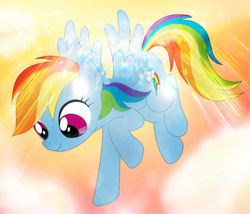 Size: 900x769 | Tagged: safe, artist:deryka, rainbow dash, pegasus, pony, g4, cloud, crepuscular rays, cute, dashabetes, female, flying, mare, sky, solo, spread wings, wings