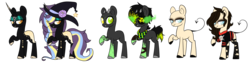 Size: 2272x567 | Tagged: safe, artist:lullabyprince, artist:rukemon, oc, oc only, oc:acute toxicity, oc:lustful thrill, oc:pyrite (witch), earth pony, pony, unicorn, bandage, bandana, base used, blank flank, clothes, eyepatch, eyeshadow, female, fishnets, flower, freckles, friday the 13th, hat, heterochromia, horns, jason voorhees, makeup, male, mare, markings, multicolored hair, raised hoof, rose, serial killer, shirt, simple background, stallion, stockings, t-shirt, tattoo, thigh highs, torn clothes, transparent background, unshorn fetlocks, witch, witch hat