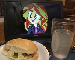 Size: 3056x2447 | Tagged: safe, sunset shimmer, equestria girls, g4, computer, cup, food, high res, juice, laptop computer, lemonade, photo, plate, sandwich, waifu dinner