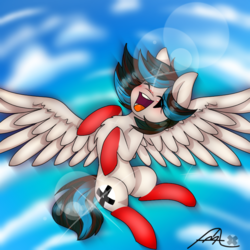Size: 768x768 | Tagged: safe, artist:eyelessjackssis, oc, oc only, oc:eyeless, pegasus, pony, eyes closed, female, happy, mare, open mouth, solo, spread wings, wings
