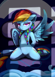 Size: 4550x6300 | Tagged: safe, artist:darksly, rainbow dash, pegasus, pony, g4, alternate hairstyle, arm behind back, bed, bedroom, bedroom eyes, belly button, blushing, ear fluff, eyelashes, featureless crotch, female, floppy ears, human shoulders, kneeling, makeup, mare, on bed, solo