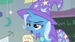 Size: 1920x1080 | Tagged: safe, screencap, trixie, pony, unicorn, a horse shoe-in, g4, cape, clothes, female, hat, lidded eyes, mare, open mouth, solo, trixie's cape, trixie's hat