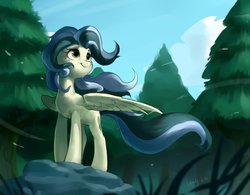 Size: 2600x2025 | Tagged: safe, artist:luciferamon, oc, oc only, pegasus, pony, forest, high res, rock, solo, tree, windswept mane, windswept tail