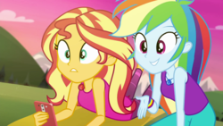 Size: 1280x720 | Tagged: safe, screencap, rainbow dash, sunset shimmer, equestria girls, g4, my little pony equestria girls: better together, wake up!, wake up!: rainbow dash, cellphone, clothes, duo, duo female, female, geode of empathy, geode of super speed, magical geodes, phone, smartphone, tank top