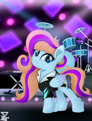 Size: 1780x2343 | Tagged: safe, artist:theretroart88, oc, oc only, oc:bittersweet, pegasus, pony, 80s, clothes, concert, cutie mark, drum kit, drums, female, keyboard, mare, microphone, movie accurate, musical instrument, smiling, solo, stage, yamaha