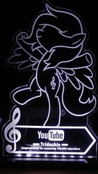 Size: 1152x2048 | Tagged: safe, artist:tridashie, oc, oc only, oc:tridashie, pegasus, pony, clef, customized toy, illuminated, irl, photo, plaque, solo, spread wings, standing, text, toy, treble clef, wings, youtube