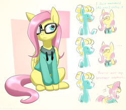 Size: 1500x1300 | Tagged: safe, artist:hoshinousagi, fluttershy, zephyr breeze, pegasus, pony, g4, ..., anime, boopable, brother and sister, clothes, dialogue, duo, female, glasses, hipster, hoodie, male, mare, otaku, otakushy, siblings, sitting, stallion, sword art online