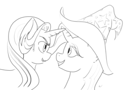 Size: 1167x832 | Tagged: safe, artist:ciaran, derpibooru exclusive, starlight glimmer, trixie, pony, unicorn, g4, angry, black and white, duo, female, grayscale, looking at each other, mare, monochrome, simple background, sketch, sweatdrop, white background, worried