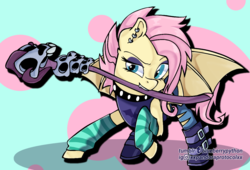 Size: 1220x830 | Tagged: safe, artist:blueberrypython, fluttershy, bat pony, pony, equestria girls, g4, my little pony equestria girls: better together, the road less scheduled, the road less scheduled: fluttershy, bat ponified, crystal skull staff, cute, ear piercing, equestria girls ponified, eyeshadow, female, flutterbat, flutterpunk, makeup, metalshy, mouth hold, piercing, ponified, race swap, shyabetes, solo, staff, teal eyes