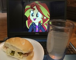 Size: 3101x2448 | Tagged: safe, sunset shimmer, equestria girls, g4, computer, food, high res, juice, laptop computer, lemonade, photo, plate, sandwich, waifu dinner
