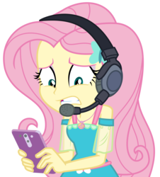 Size: 4075x4500 | Tagged: safe, artist:sketchmcreations, fluttershy, costume conundrum, equestria girls, g4, my little pony equestria girls: choose your own ending, clothes, dress, female, geode of fauna, grimace, headset, magical geodes, phone, simple background, solo, transparent background, vector