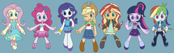 Size: 10744x3264 | Tagged: safe, artist:haibaratomoe, edit, applejack, fluttershy, pinkie pie, rainbow dash, rarity, sci-twi, sunset shimmer, twilight sparkle, equestria girls, g4, my little pony equestria girls: better together, absurd resolution, applejack's hat, blue background, blushing, boots, chibi, clothes, cowboy hat, cute, denim skirt, diapinkes, digital art, dress, female, freckles, geode of telekinesis, glasses, hat, humane five, humane seven, humane six, jackabetes, looking at you, magical geodes, miniskirt, moe, one eye closed, open mouth, ponytail, sandals, shoes, simple background, skirt, smiling, socks, stetson, twiabetes, wink