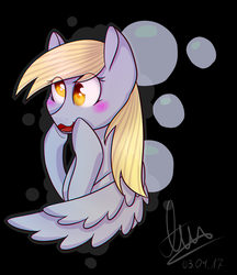 Size: 2321x2689 | Tagged: safe, artist:amyszek, derpy hooves, pegasus, pony, g4, black background, blushing, bubble, cutie mark, cutie mark background, derpy's cutie mark, eye clipping through hair, female, high res, mare, open mouth, simple background, solo