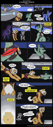 Size: 800x1920 | Tagged: safe, artist:thedigodragon, artist:winged cat, oc, oc only, oc:doc wagon, oc:gin gear, earth pony, pegasus, pony, unicorn, comic:friendship is dragons, annoyed, burnt, clothes, collaboration, comic, crying, dialogue, earth pony oc, falling, fire, glasses, glowing horn, hanging, holding hooves, horn, imminent death, male, onomatopoeia, pegasus oc, sad, scared, stallion, teleportation, unicorn oc, wings