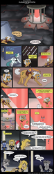 Size: 800x2561 | Tagged: safe, artist:thedigodragon, artist:winged cat, oc, oc only, oc:doc wagon, oc:gin gear, earth pony, pegasus, pony, comic:friendship is dragons, armor, clothes, collaboration, comic, dialogue, earth pony oc, female, frog (hoof), glasses, guard, hiding, male, mare, pegasus oc, running, stallion, surprised, unamused, underhoof, wings