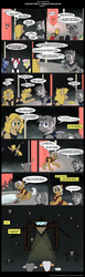 Size: 800x2598 | Tagged: safe, artist:thedigodragon, artist:winged cat, oc, oc only, oc:doc wagon, oc:gin gear, earth pony, pegasus, pony, comic:friendship is dragons, armor, caught, clothes, collaboration, comic, dialogue, earth pony oc, female, flying, glasses, guard, looking up, male, mare, pegasus oc, pointing, raised hoof, smiling, spaceship, stallion, suspicious, wings
