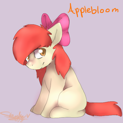 Size: 500x500 | Tagged: safe, artist:goldypirate, apple bloom, earth pony, pony, g4, alternate hairstyle, blank flank, eyebrows, eyebrows visible through hair, female, filly, looking at you, simple background, sitting, smiling, solo