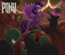 Size: 1775x1500 | Tagged: safe, artist:t72b, derpibooru exclusive, twilight sparkle, oc, oc:anon, alicorn, human, pony, g4, armor, bipedal, brush, brushie, choking, doom, eyes on the prize, female, floppy ears, grin, human male, levitation, magic, male, mare, parody, rage, rearing, rip and tear, royal guard, smiling, telekinesis, this will end in pain, twilight sparkle (alicorn)