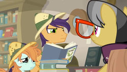 Size: 1600x900 | Tagged: safe, screencap, a.k. yearling, endeavour, peach fuzz, earth pony, pegasus, pony, daring doubt, g4, angry, book, bookshelf, female, filly, glasses, heartbreak, library, male, mare, sad, shelf, stallion, upset
