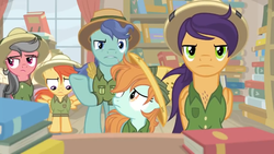 Size: 1600x900 | Tagged: safe, screencap, compass course, endeavour, peach fuzz, rose compass, viewfinder (g4), earth pony, pegasus, pony, daring doubt, g4, angry, background pony, book, bookshelf, clothes, colt, confused, disappointed, fake wings, fandom, fans, female, filly, hat, male, mare, pith helmet, sad, shirt, stallion, unamused, upset