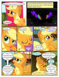 Size: 612x792 | Tagged: safe, artist:newbiespud, edit, edited screencap, screencap, applejack, king sombra, earth pony, pony, umbrum, comic:friendship is dragons, g4, barn, comic, dialogue, female, freckles, grin, hat, hiding, hoof on chest, looking up, male, mare, raised hoof, screencap comic, shadow, sitting, smiling, sombra eyes, stallion, straw in mouth, thinking, tree
