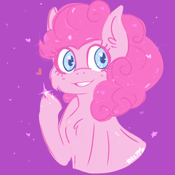 Size: 1280x1280 | Tagged: safe, artist:raspberrydraws, pinkie pie, earth pony, pony, g4, bust, chest fluff, cute, diapinkes, ear fluff, female, heart, heart eyes, purple background, simple background, smiling, solo, stars, wingding eyes
