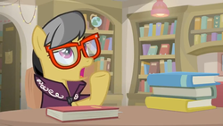 Size: 1600x900 | Tagged: safe, screencap, a.k. yearling, pegasus, pony, daring doubt, g4, book, bookshelf, cape, clothes, female, glasses, library, mare, shelf, sitting, solo