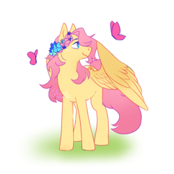 Size: 1000x1000 | Tagged: safe, artist:seohlee, fluttershy, butterfly, pegasus, pony, g4, coat markings, cute, female, floral head wreath, flower, freckles, mare, no pupils, profile, shyabetes, simple background, solo, white background