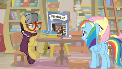 Size: 1600x900 | Tagged: safe, screencap, a.k. yearling, fluttershy, rainbow dash, pegasus, pony, daring doubt, g4, book, bookshelf, cape, chair, clothes, female, glasses, ladder, mare, sad, shelf, sign, stool, table