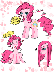 Size: 768x1024 | Tagged: dead source, safe, artist:raimugi____, pinkie pie, earth pony, pony, g4, blushing, bust, cute, dialogue, diapinkes, eyes closed, female, heart, multeity, open mouth, pinkamena diane pie, pixiv, portrait, solo, speech bubble