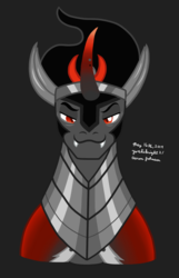 Size: 1240x1927 | Tagged: safe, artist:yoshiknight2, king sombra, pony, unicorn, g4, black background, bust, curved horn, fangs, horn, looking at you, male, red eyes, simple background, solo, stallion