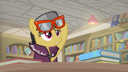 Size: 1600x900 | Tagged: safe, screencap, a.k. yearling, pegasus, pony, daring doubt, g4, book, bookshelf, cape, ceiling light, clothes, female, glasses, library, mare, shelf, solo, table