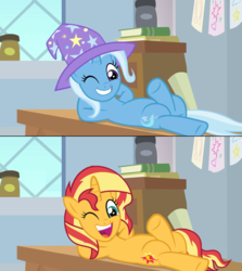 Size: 1280x1436 | Tagged: safe, artist:3d4d, artist:wissle, edit, edited screencap, screencap, sunset shimmer, trixie, pony, unicorn, a horse shoe-in, g4, belly, female, mare, on back, one eye closed, open mouth, wink