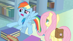 Size: 1600x900 | Tagged: safe, screencap, fluttershy, rainbow dash, pegasus, pony, daring doubt, book, bookshelf, complaining, duo, duo female, faic, female, flying, frown, mare, open mouth, raised eyebrow, saddle bag, shelf, spread wings, table, wings