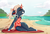 Size: 2500x1724 | Tagged: safe, artist:8fanged8, oc, anthro, anthro oc, beach, broken horn, clothes, cloud, female, floppy ears, horn, one-piece swimsuit, sky, smiling, solo, swimsuit, towel, unicorn oc