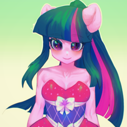 Size: 1500x1500 | Tagged: safe, artist:han_ui, twilight sparkle, equestria girls, g4, my little pony equestria girls, alternate hairstyle, bare shoulders, blushing, cute, eye clipping through hair, eyebrows, eyebrows visible through hair, female, gradient background, pixiv, ponied up, ponytail, solo, twiabetes