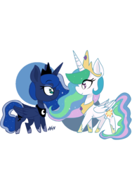 Size: 900x1200 | Tagged: safe, artist:blurry-kun, princess celestia, princess luna, alicorn, pony, g4, chibi, duo, female, looking at each other, mare, profile, royal sisters, siblings, simple background, sisters, transparent background