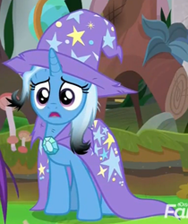 Size: 408x486 | Tagged: safe, screencap, trixie, pony, unicorn, a horse shoe-in, about to cry, burnt mane, cape, clothes, cropped, dirty, female, hat, heartbreak, mare, messy mane, open mouth, sad, solo focus, trixie's cape, trixie's hat, upset