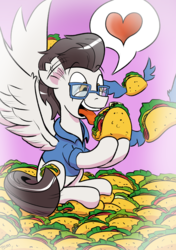 Size: 1529x2171 | Tagged: safe, artist:pony-berserker, oc, oc only, pegasus, pony, commission, ear flick, food, glasses, heart, male, pictogram, ponysona, solo, speech bubble, spread wings, stallion, taco, tongue out, wings